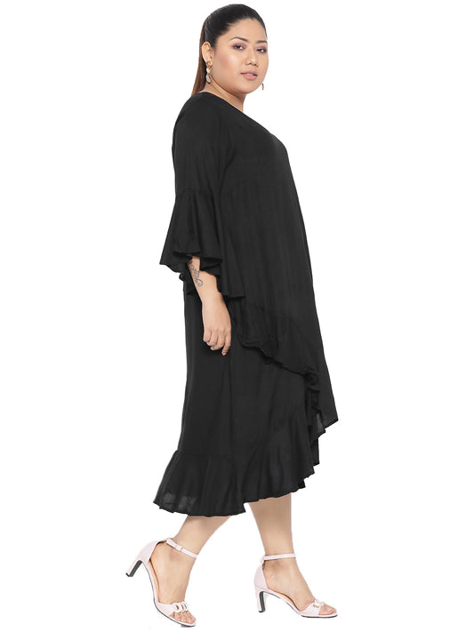 Women Bell Sleeve Ruffled A-Line Midi Dress