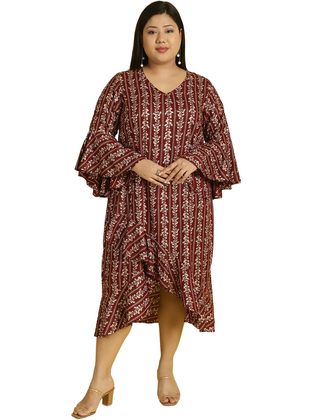 Women Bell Sleeve Ruffled A-Line Midi Dress