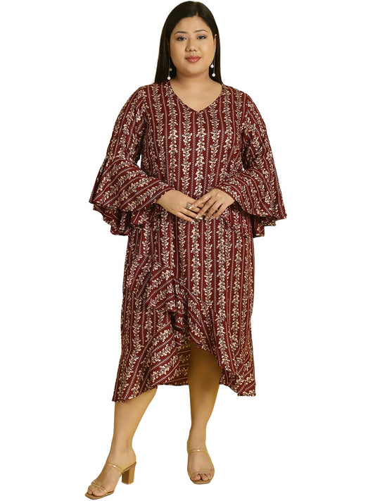Women Bell Sleeve Ruffled A-Line Midi Dress