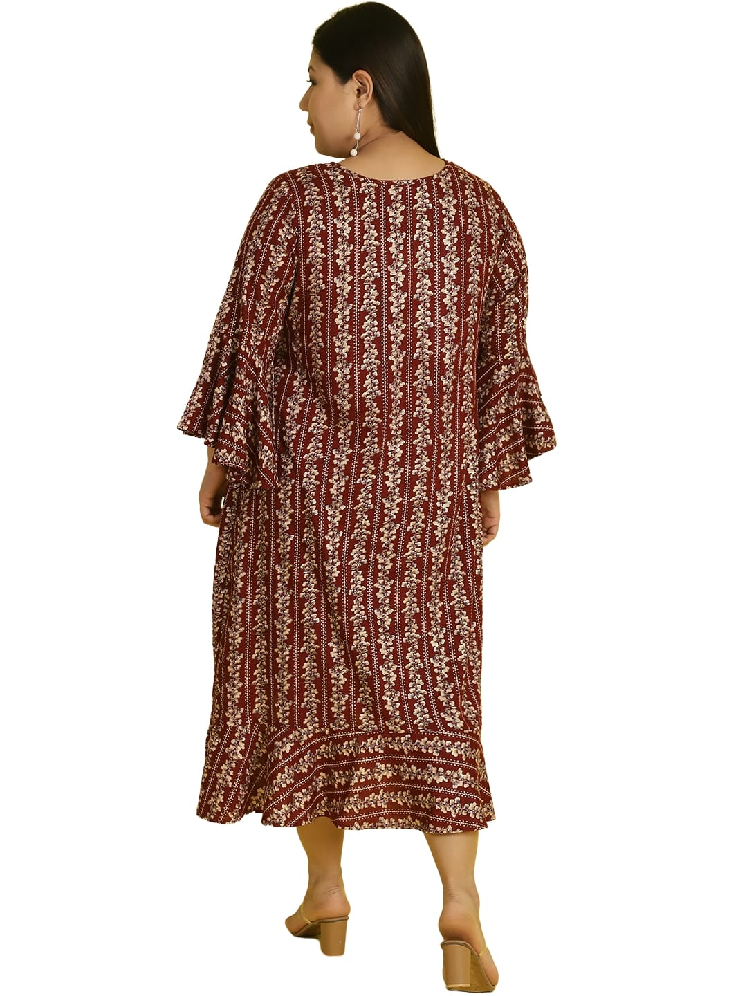 Women Bell Sleeve Ruffled A-Line Midi Dress