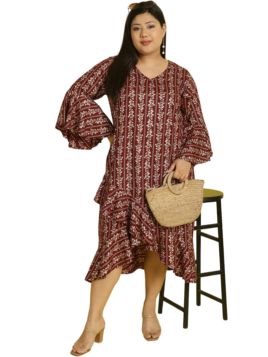 Women Bell Sleeve Ruffled A-Line Midi Dress