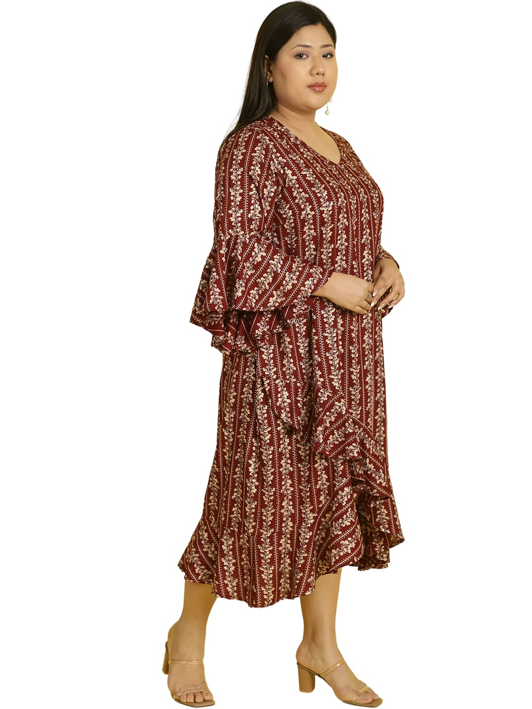 Women Bell Sleeve Ruffled A-Line Midi Dress