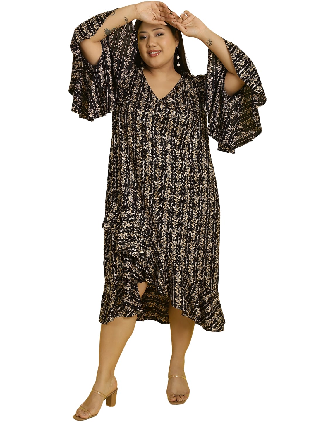 Women Bell Sleeve Ruffled A-Line Midi Dress