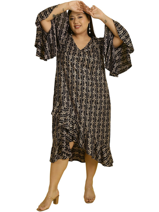Women Bell Sleeve Ruffled A-Line Midi Dress