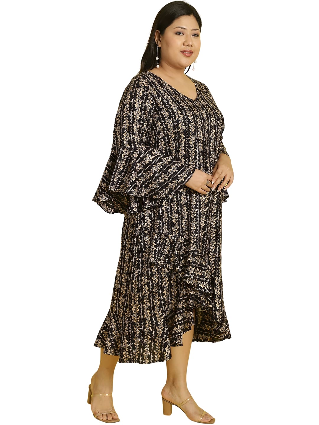 Women Bell Sleeve Ruffled A-Line Midi Dress