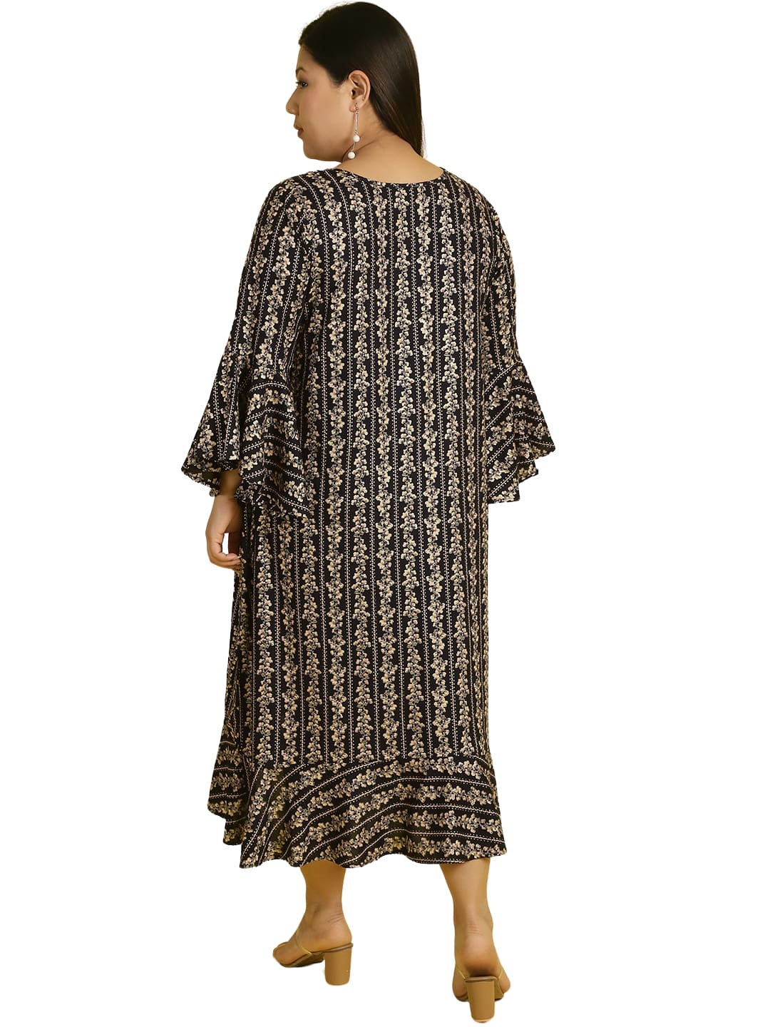 Women Bell Sleeve Ruffled A-Line Midi Dress
