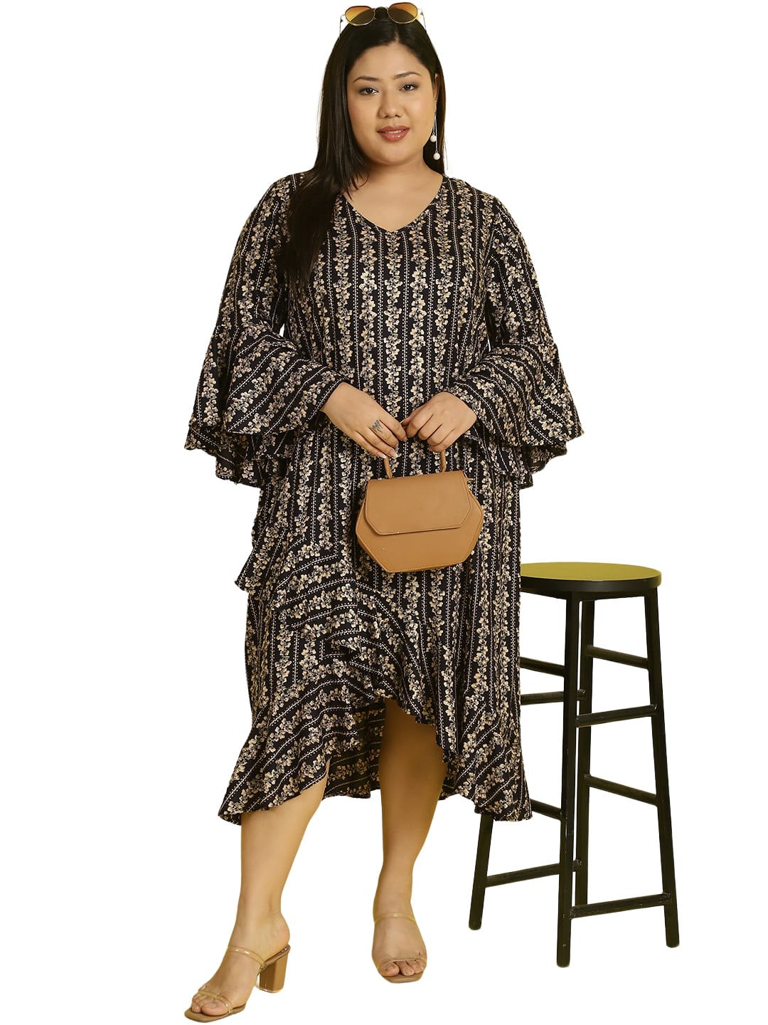 Women Bell Sleeve Ruffled A-Line Midi Dress