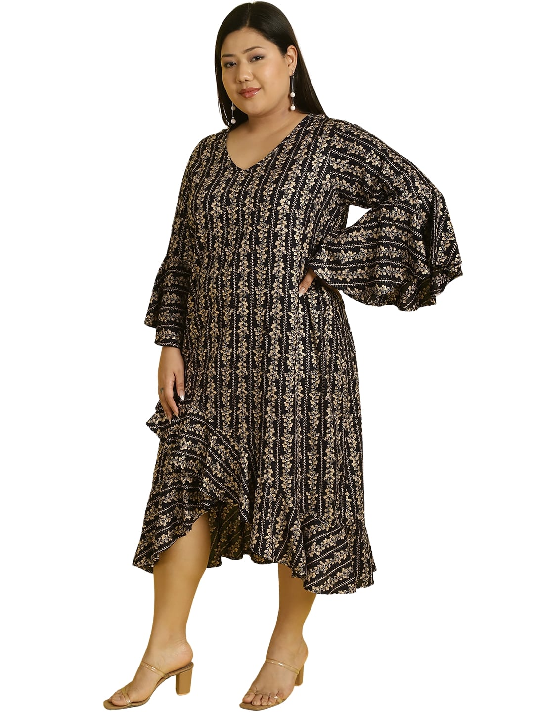 Women Bell Sleeve Ruffled A-Line Midi Dress