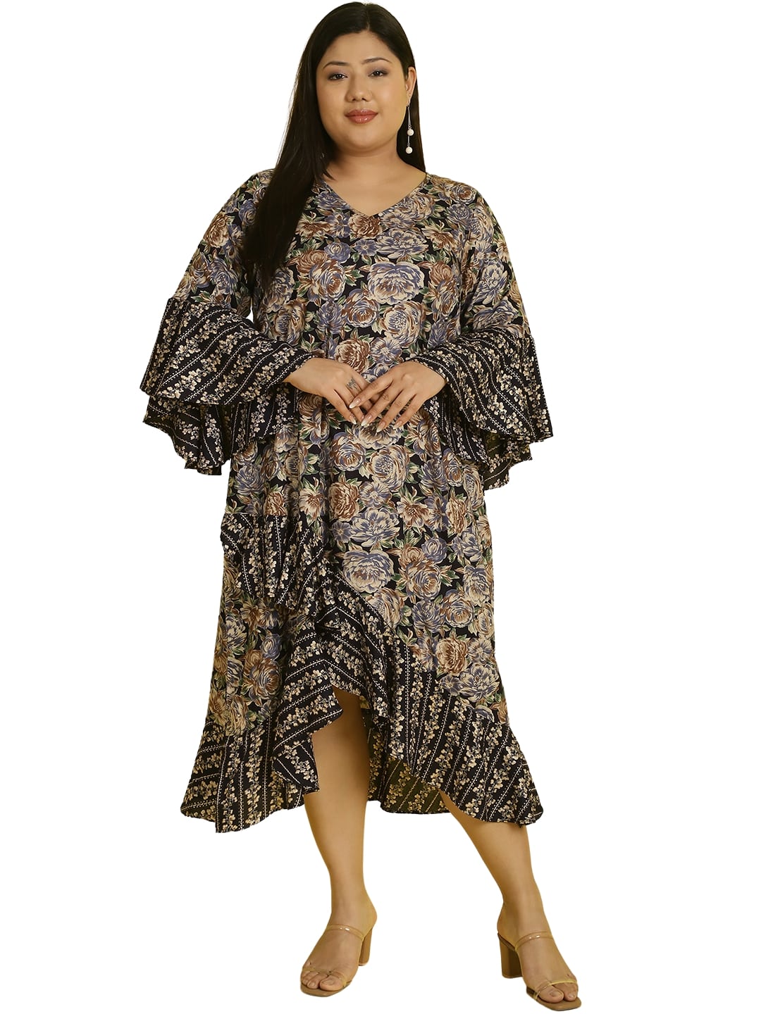 Women Bell Sleeve Ruffled A-Line Midi Dress