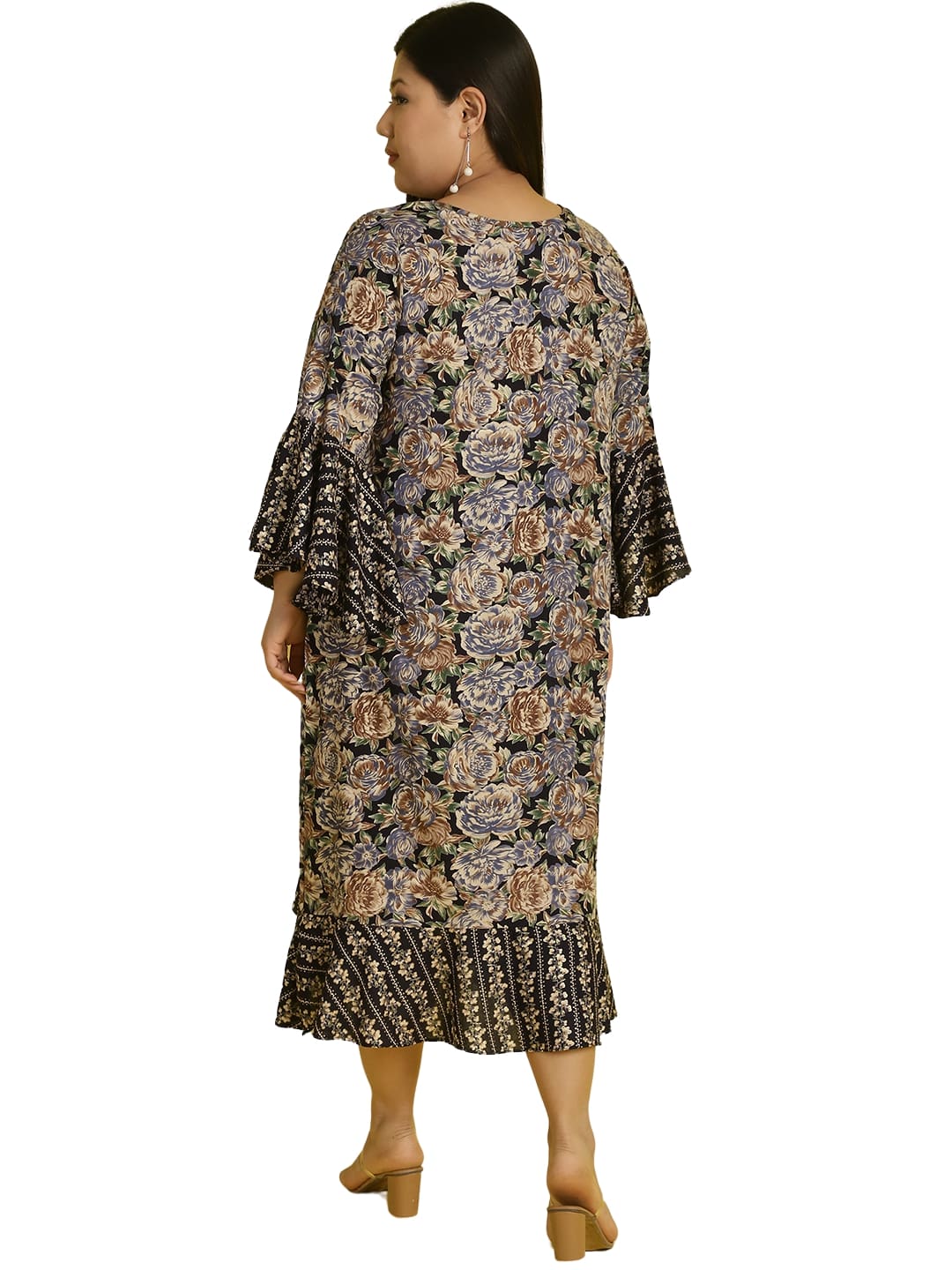 Women Bell Sleeve Ruffled A-Line Midi Dress
