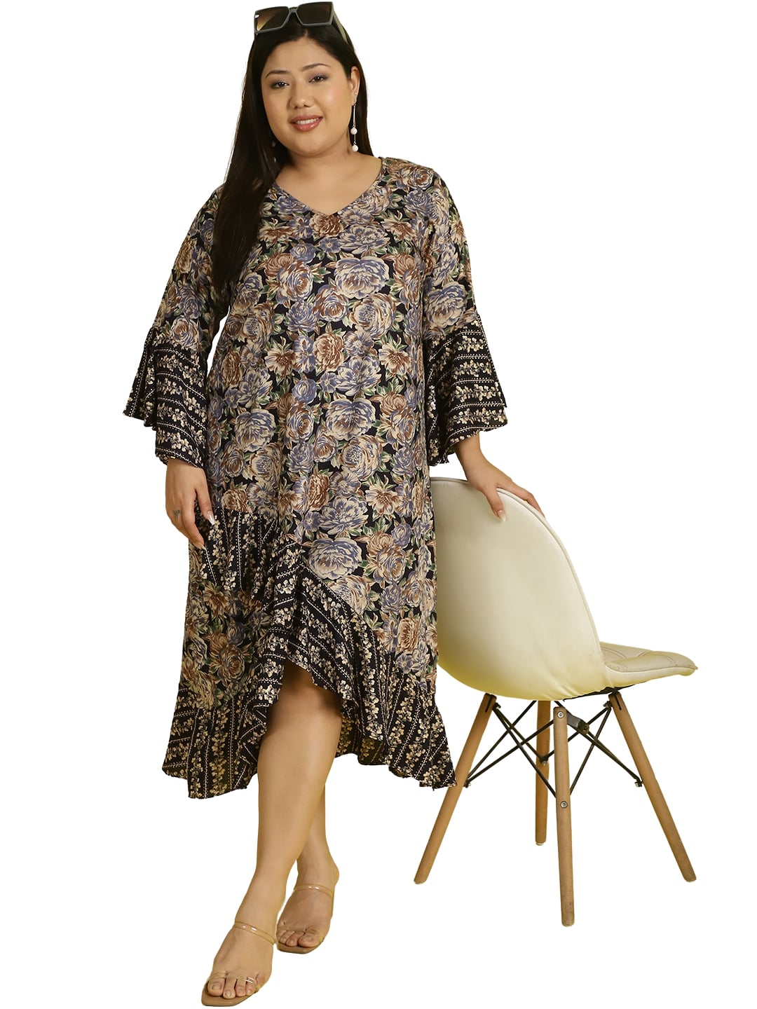 Women Bell Sleeve Ruffled A-Line Midi Dress