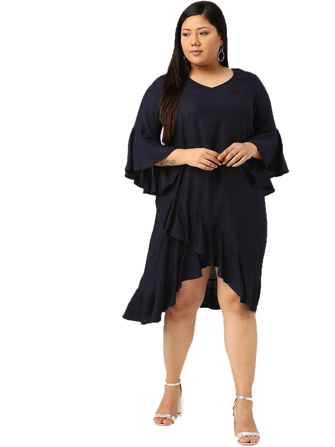 Women Bell Sleeve Ruffled A-Line Midi Dress