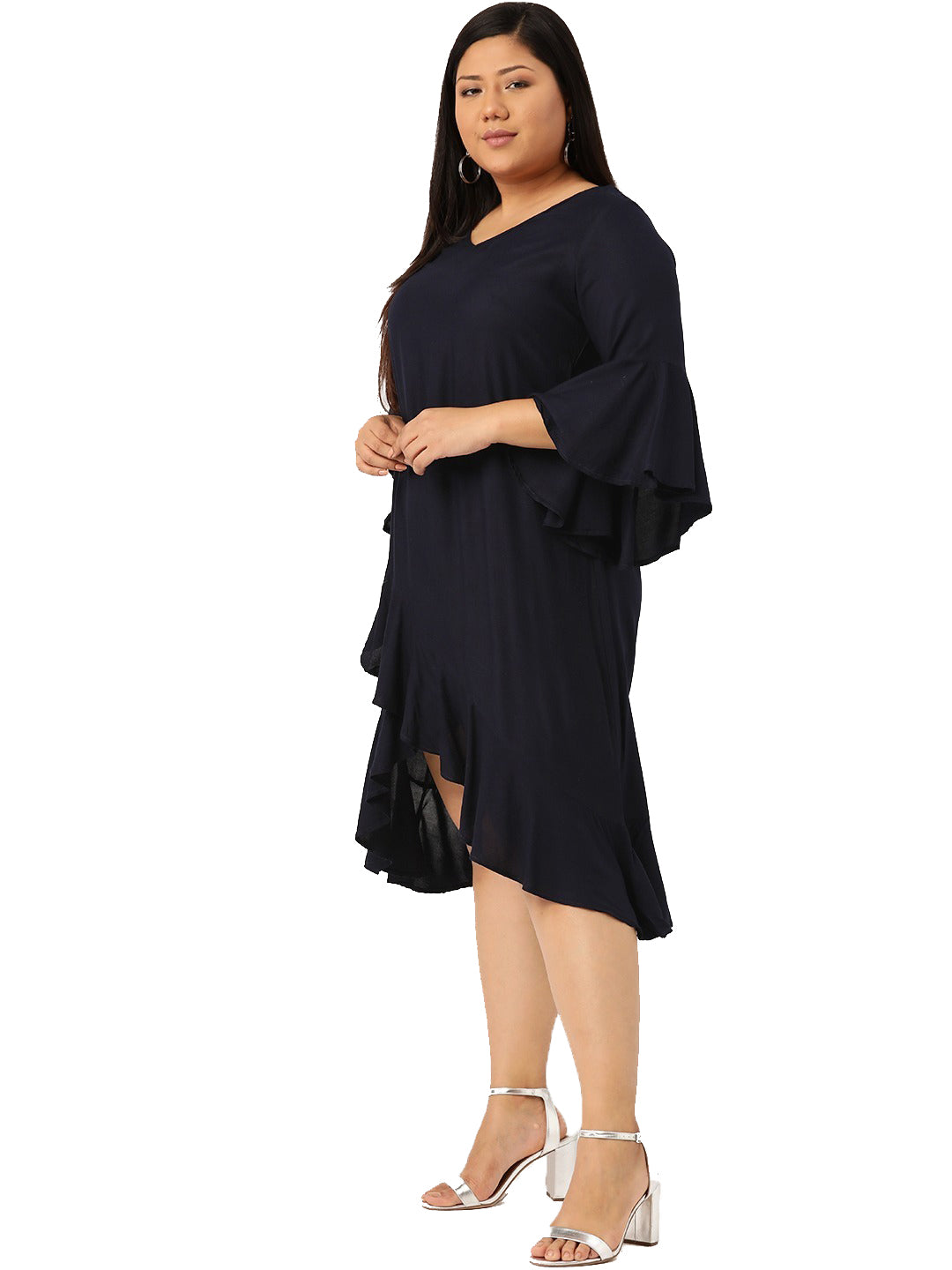 Women Bell Sleeve Ruffled A-Line Midi Dress