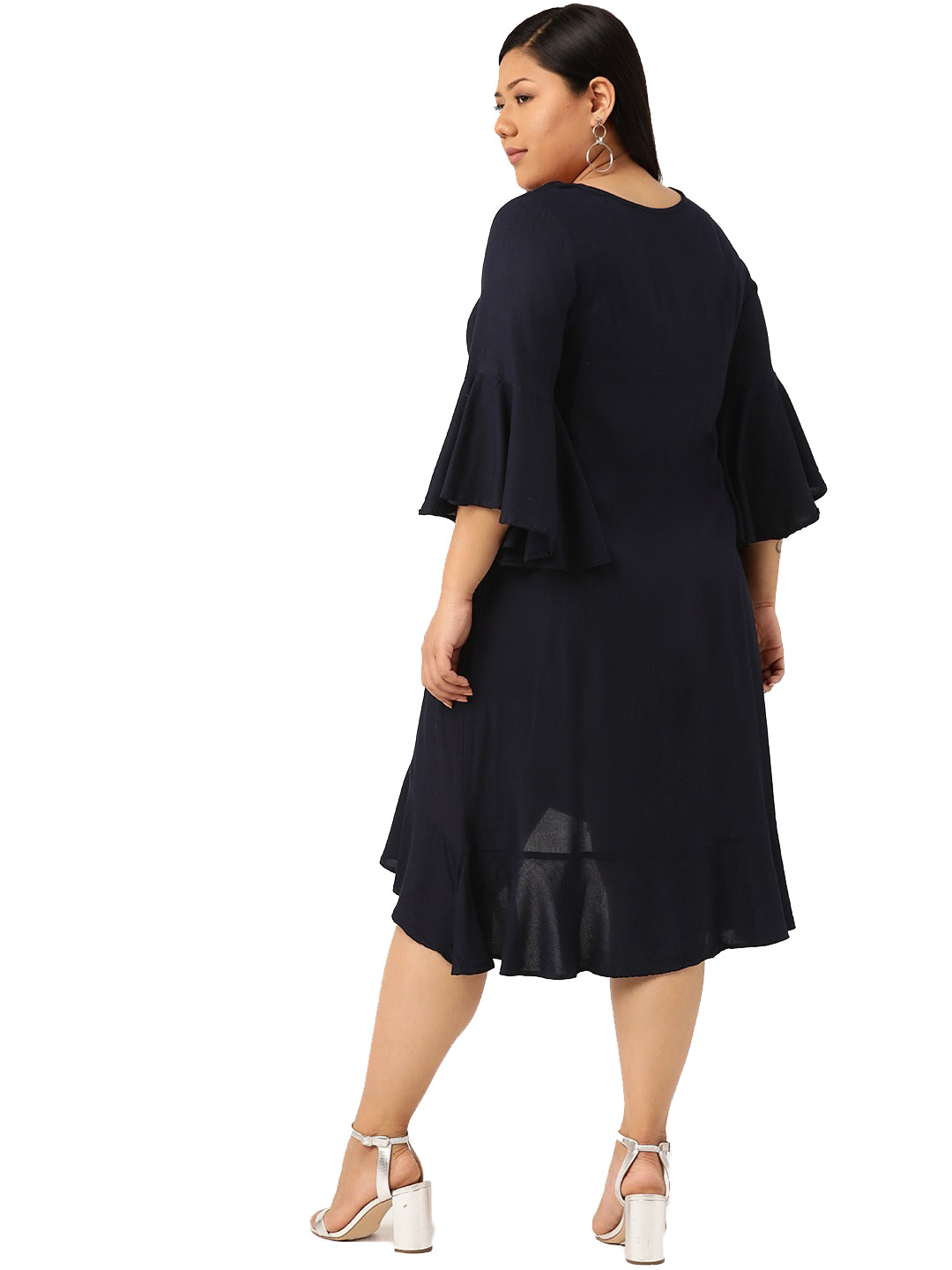 Women Bell Sleeve Ruffled A-Line Midi Dress