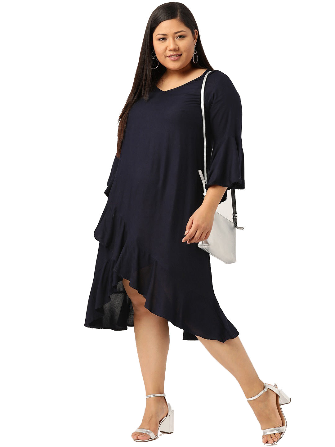Women Bell Sleeve Ruffled A-Line Midi Dress