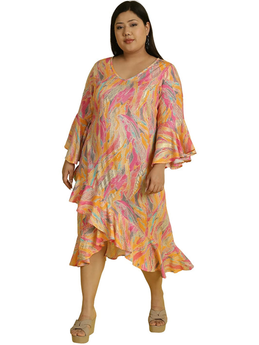 Women Bell Sleeve Ruffled A-Line Midi Dress