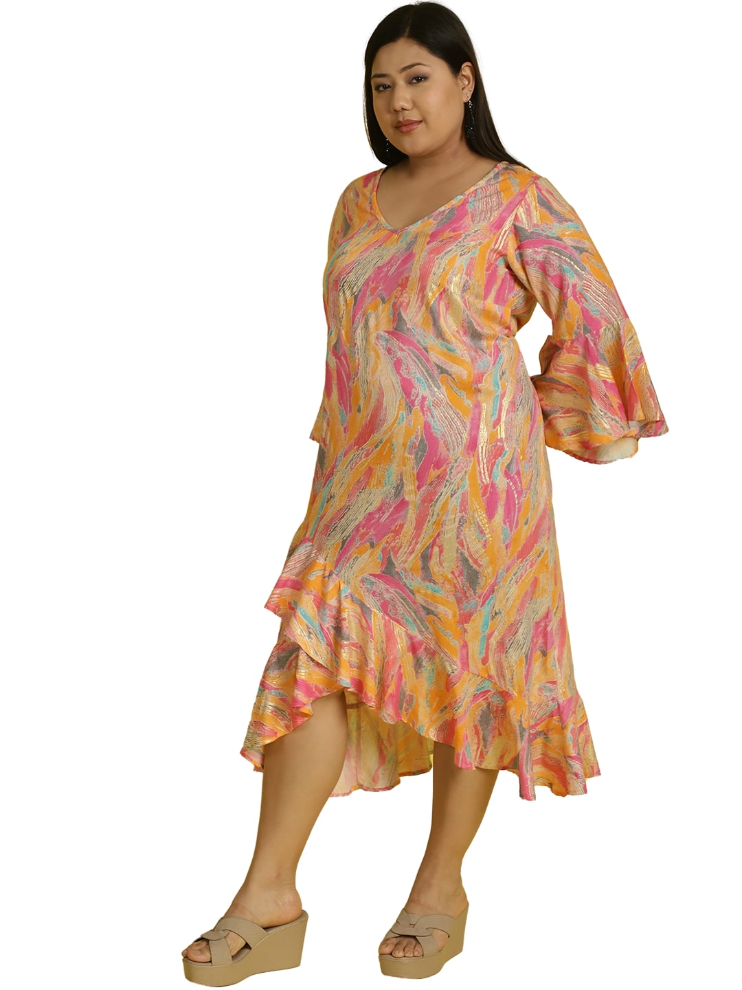 Women Bell Sleeve Ruffled A-Line Midi Dress
