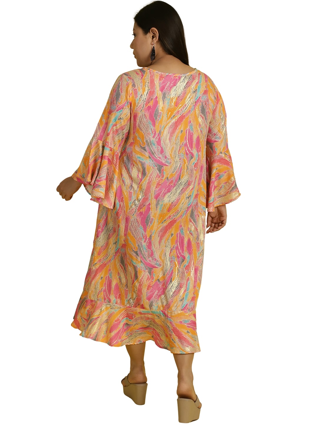 Women Bell Sleeve Ruffled A-Line Midi Dress
