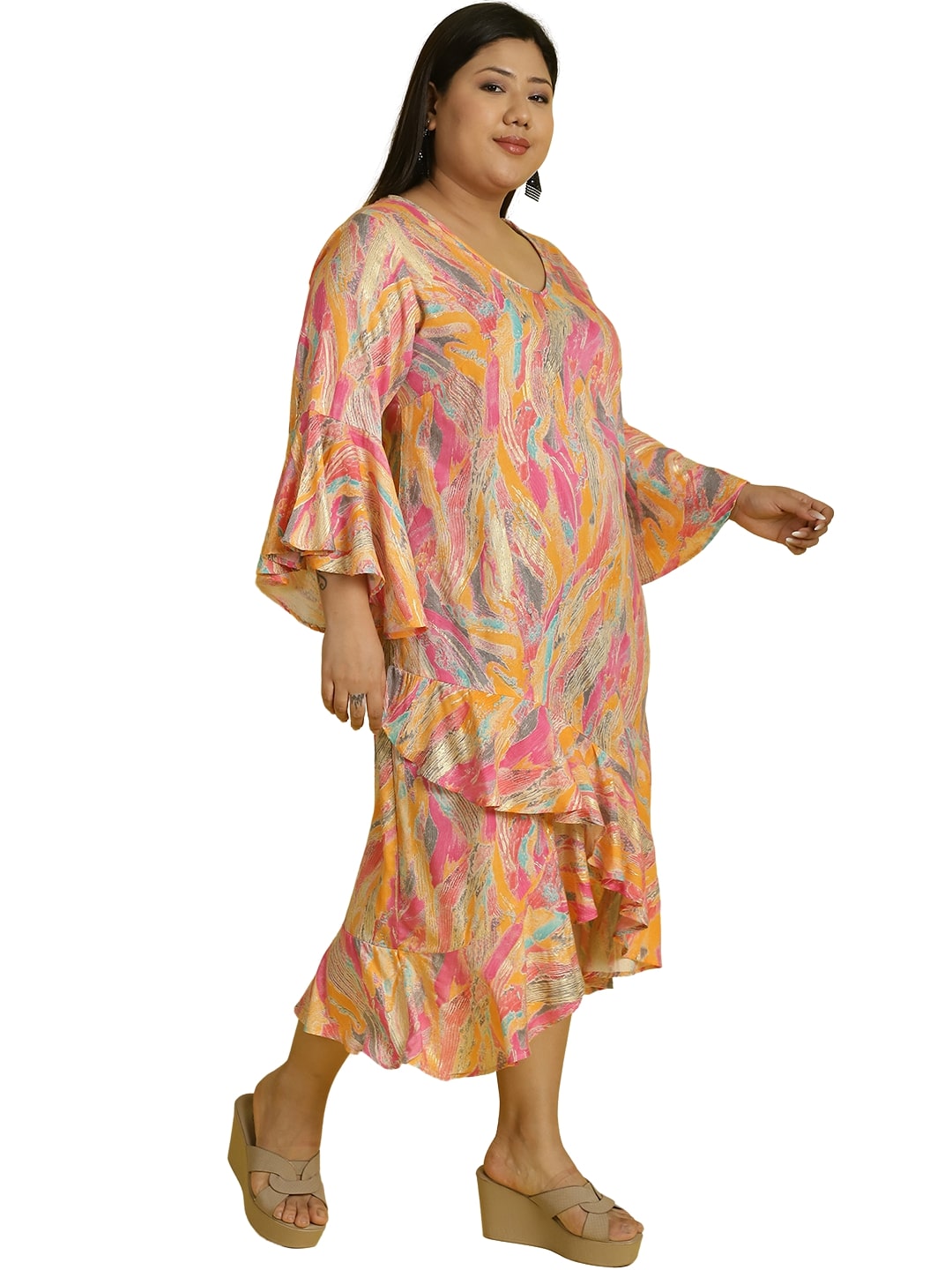 Women Bell Sleeve Ruffled A-Line Midi Dress