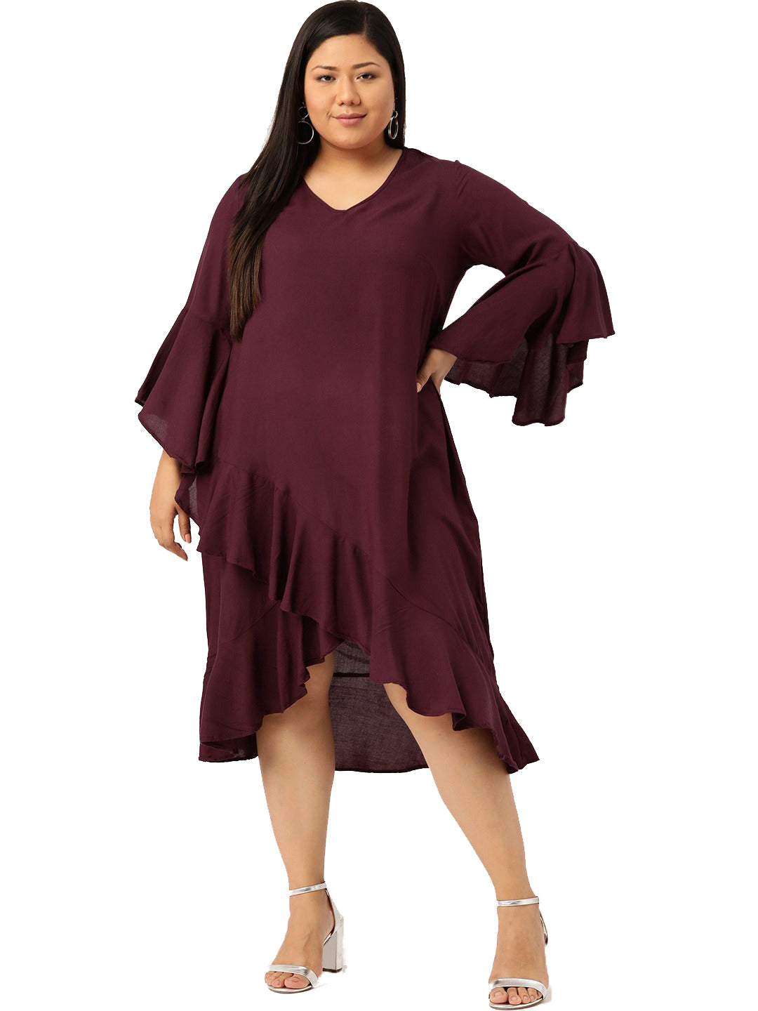 Women Bell Sleeve Ruffled A-Line Midi Dress
