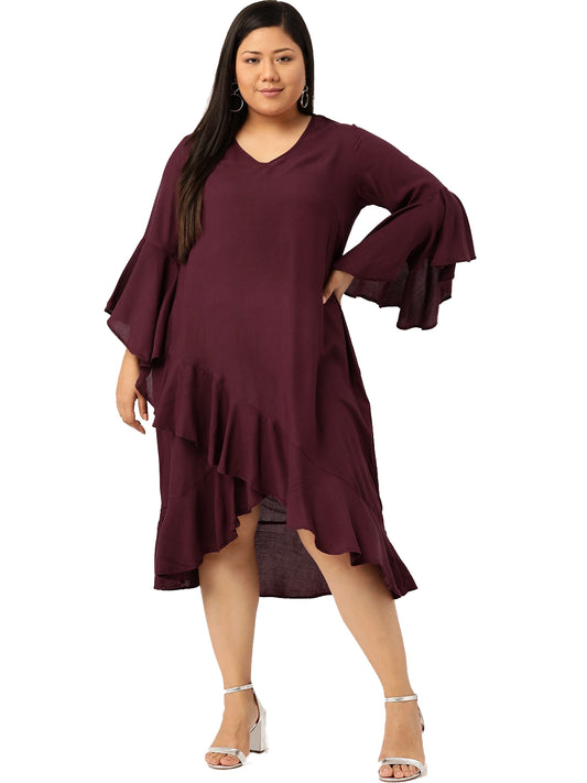 Women Bell Sleeve Ruffled A-Line Midi Dress