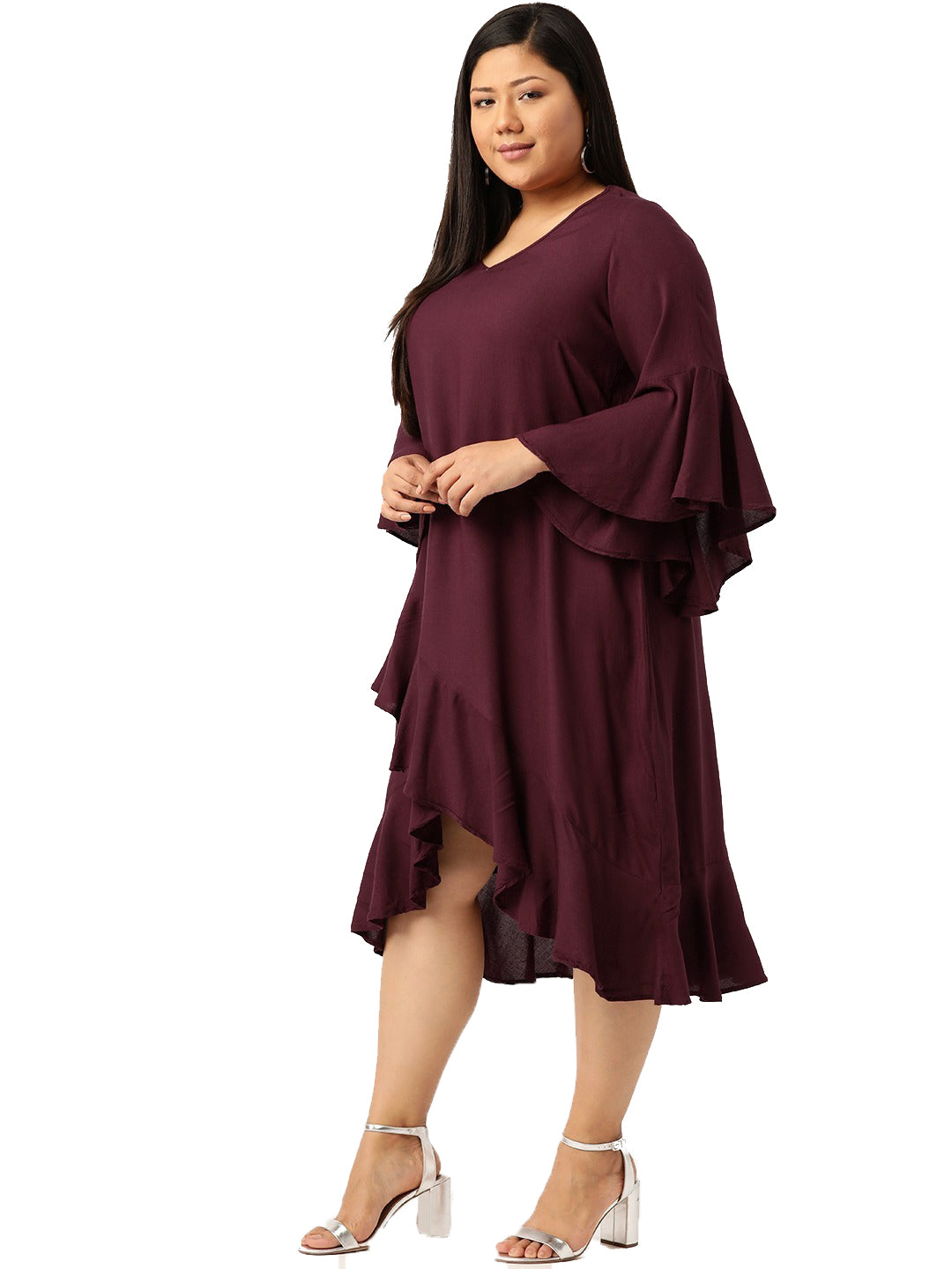 Women Bell Sleeve Ruffled A-Line Midi Dress