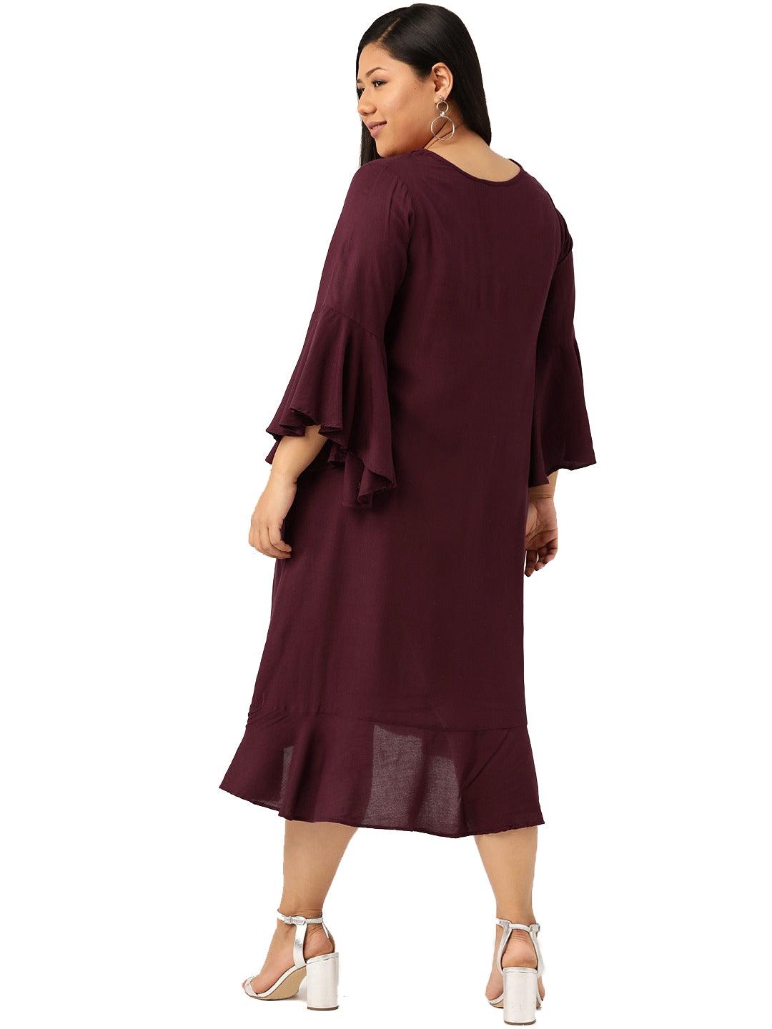 Women Bell Sleeve Ruffled A-Line Midi Dress