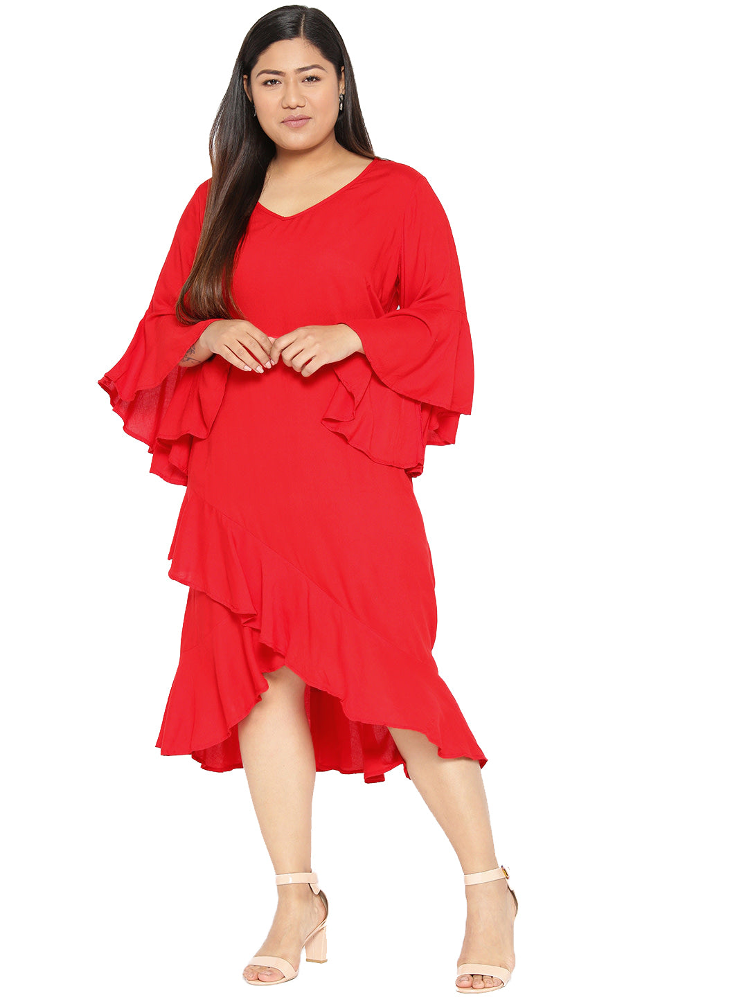 Women Bell Sleeve Ruffled A-Line Midi Dress