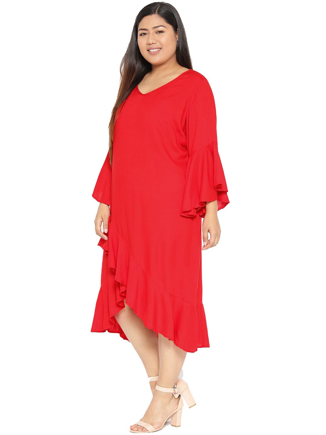 Women Bell Sleeve Ruffled A-Line Midi Dress