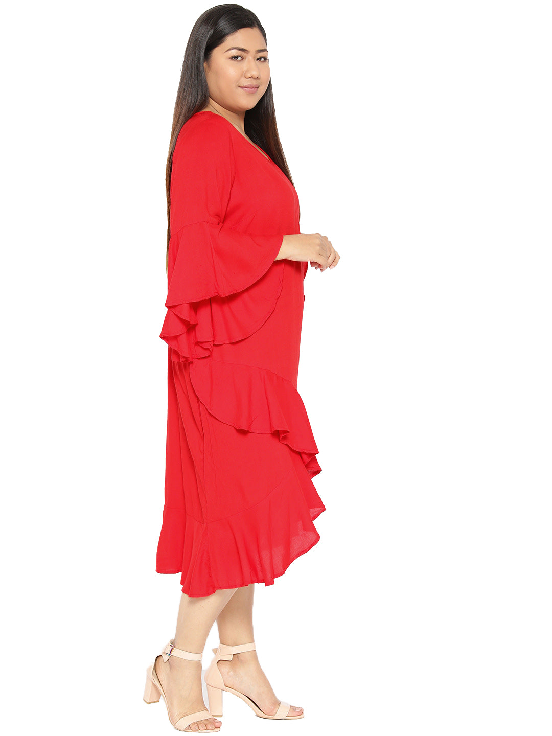 Women Bell Sleeve Ruffled A-Line Midi Dress