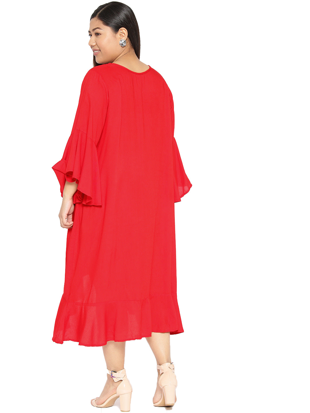Women Bell Sleeve Ruffled A-Line Midi Dress