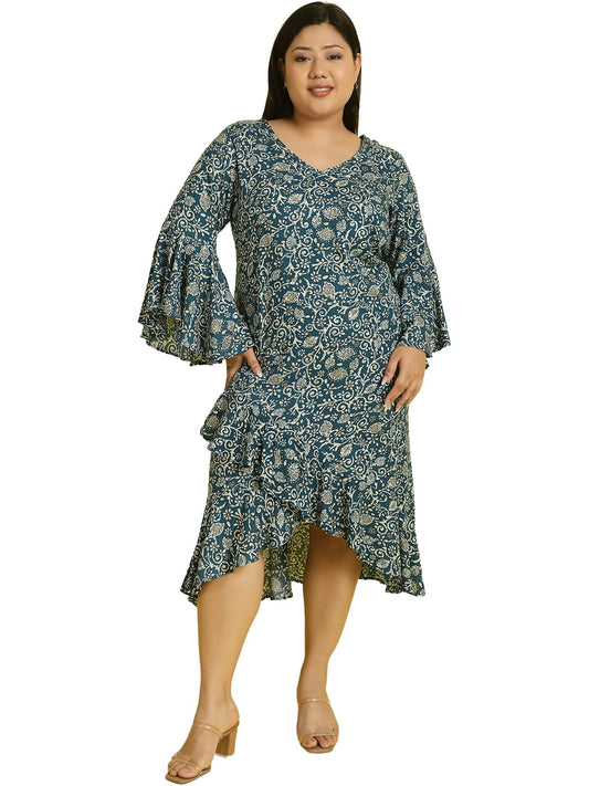 Women Bell Sleeve Ruffled A-Line Midi Dress
