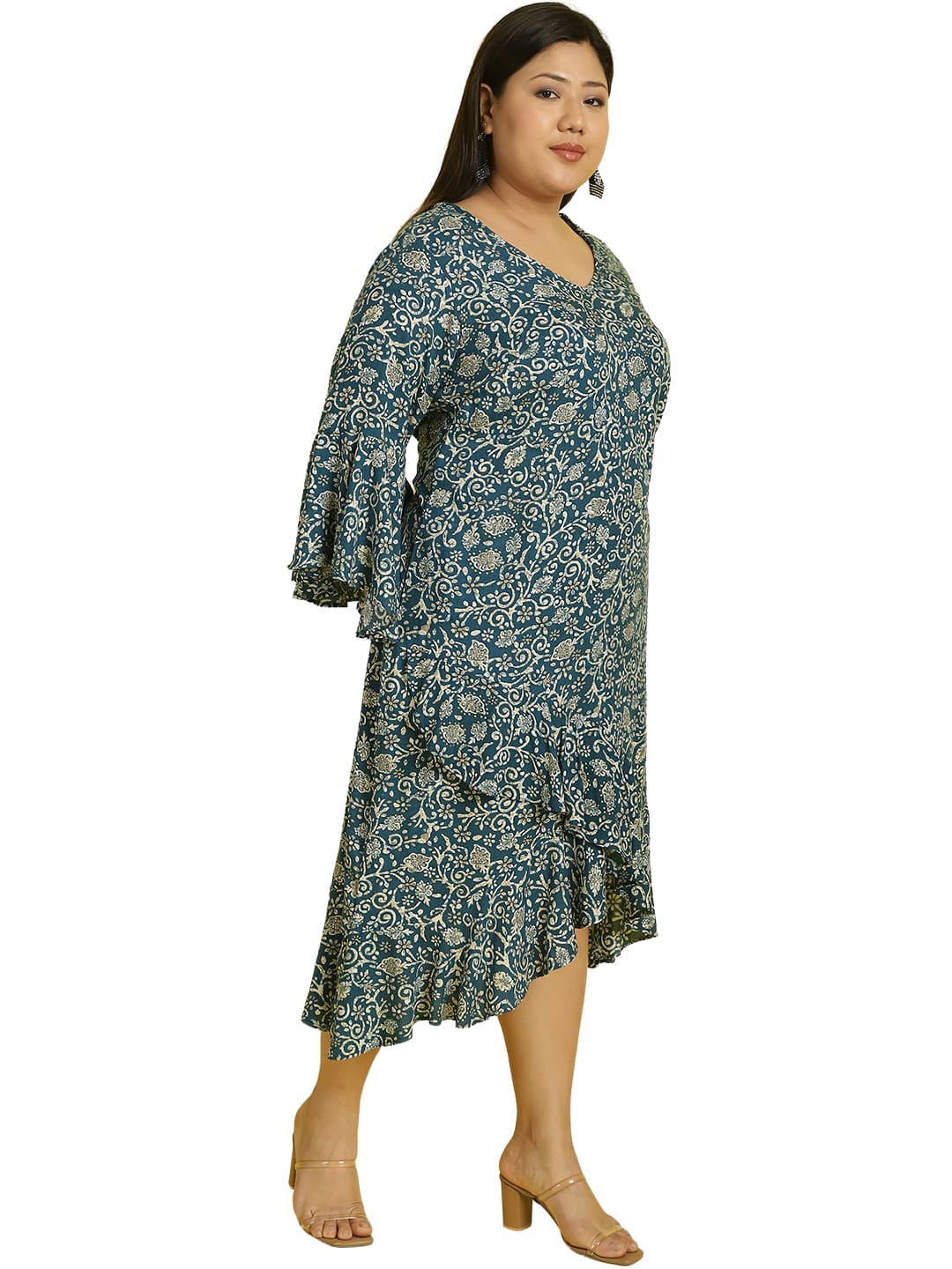 Women Bell Sleeve Ruffled A-Line Midi Dress
