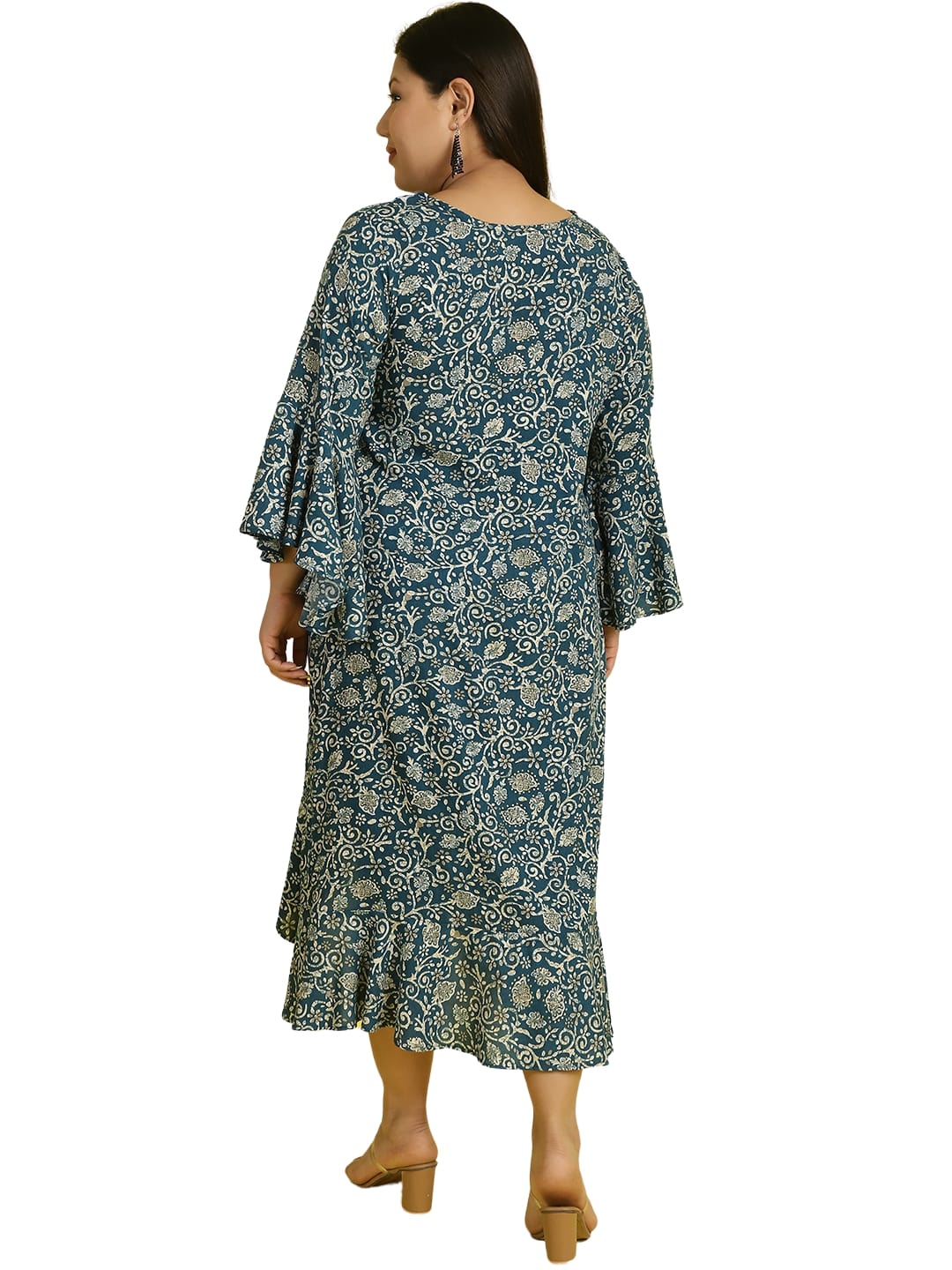 Women Bell Sleeve Ruffled A-Line Midi Dress