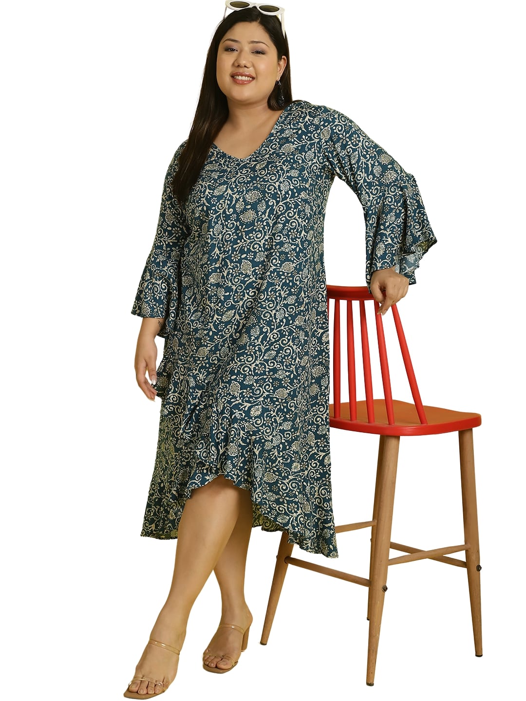 Women Bell Sleeve Ruffled A-Line Midi Dress