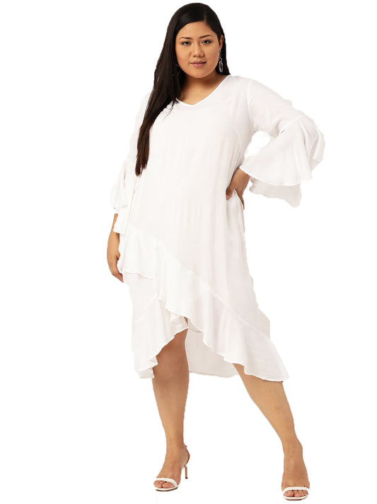 Women Bell Sleeve Ruffled A-Line Midi Dress