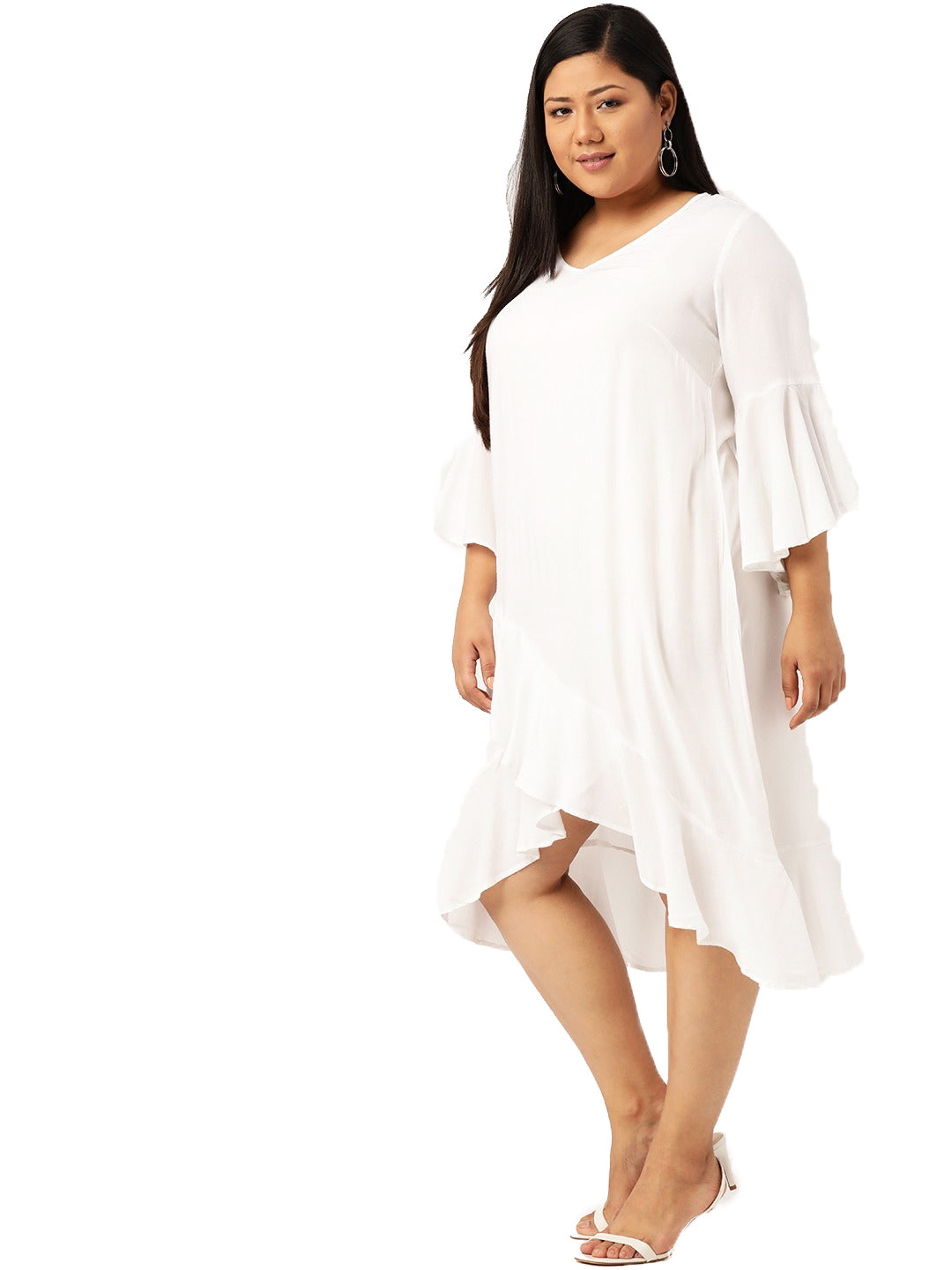 Women Bell Sleeve Ruffled A-Line Midi Dress