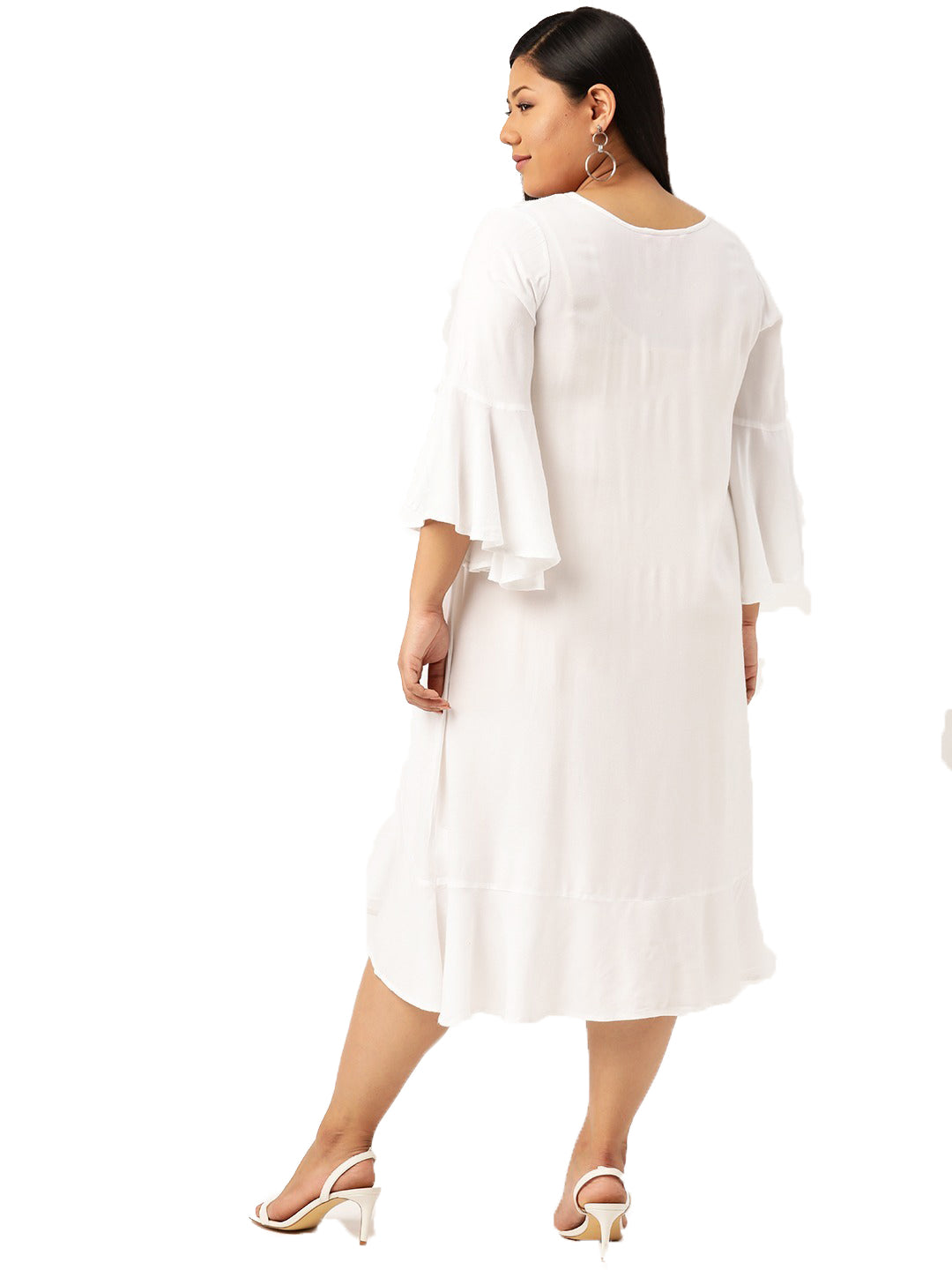 Women Bell Sleeve Ruffled A-Line Midi Dress