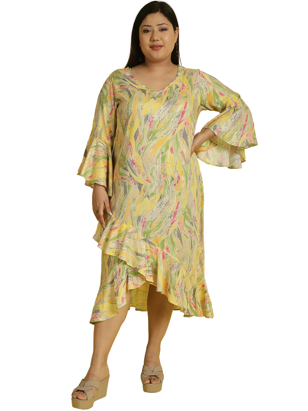 Women Bell Sleeve Ruffled A-Line Midi Dress