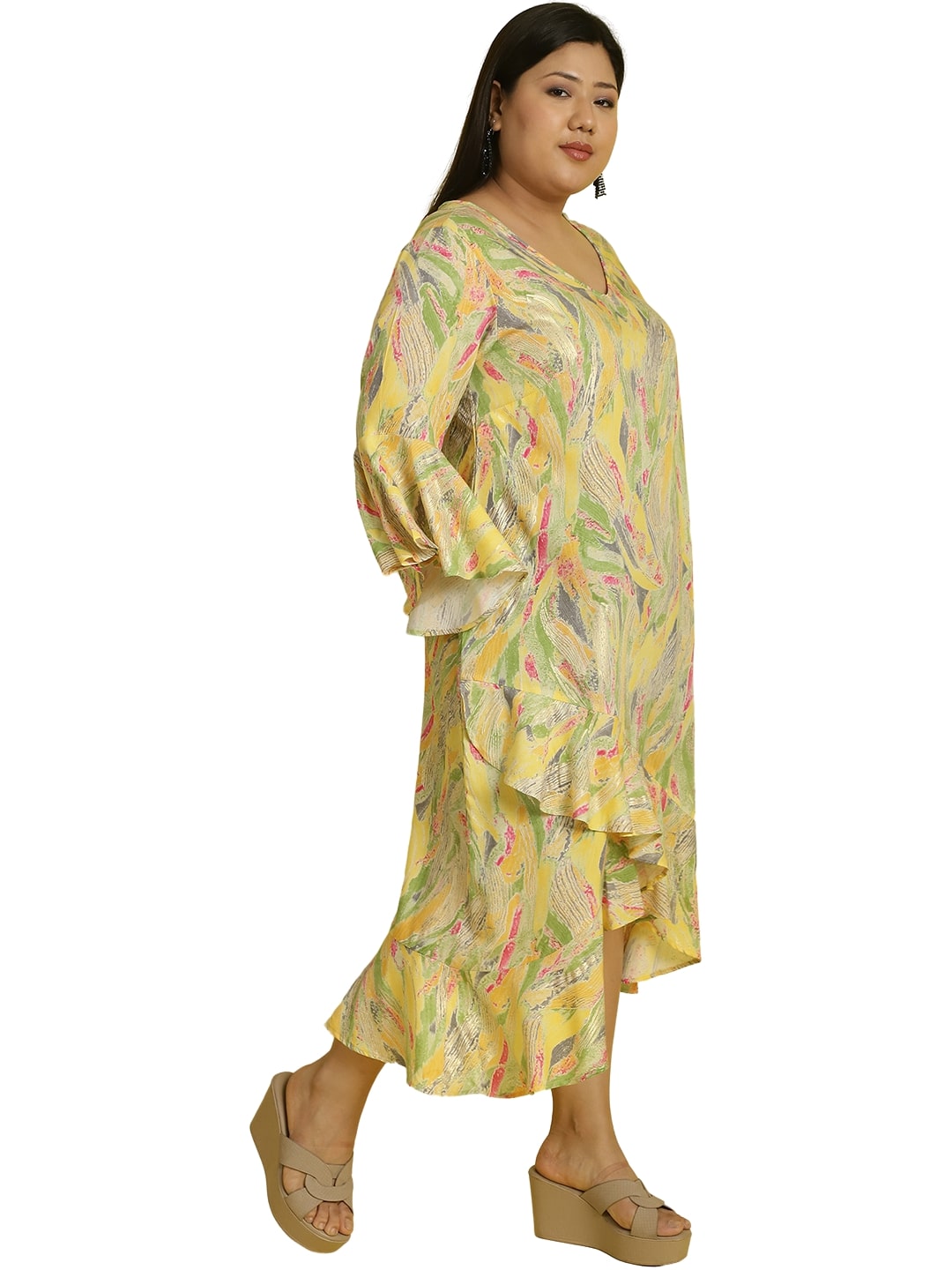 Women Bell Sleeve Ruffled A-Line Midi Dress