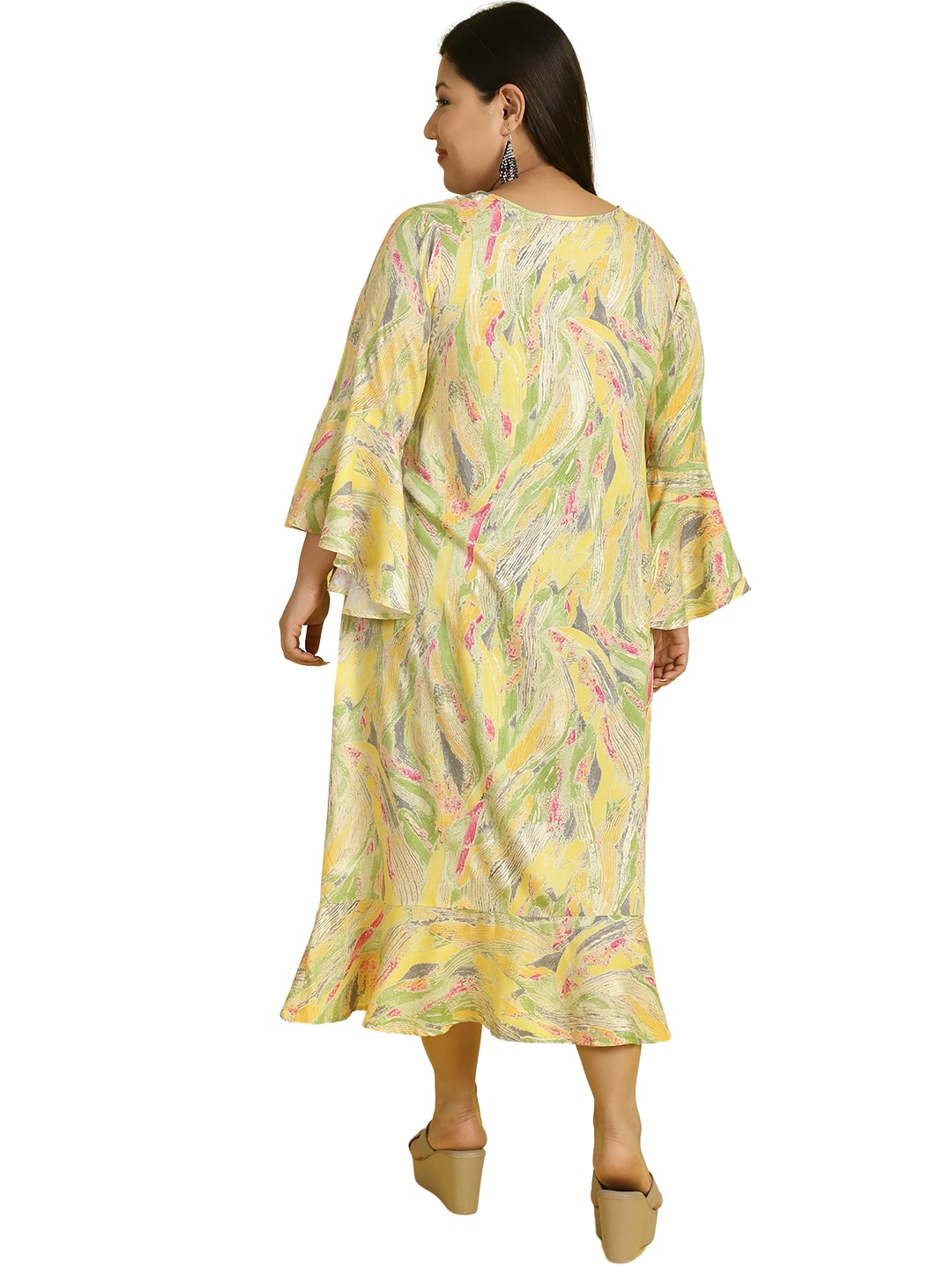 Women Bell Sleeve Ruffled A-Line Midi Dress