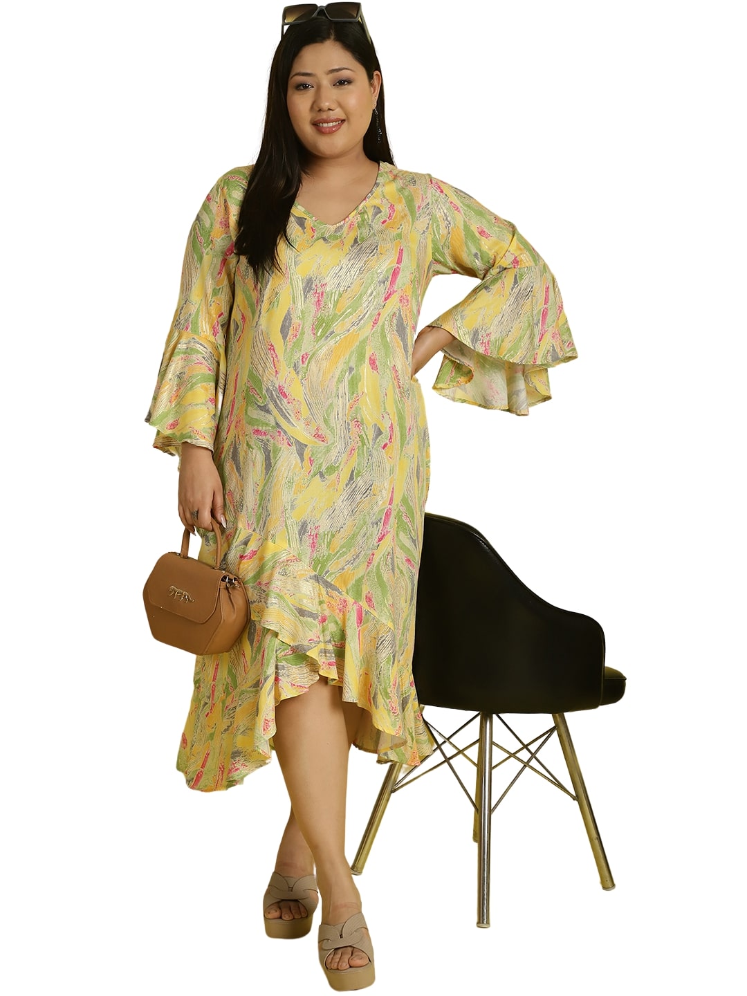 Women Bell Sleeve Ruffled A-Line Midi Dress