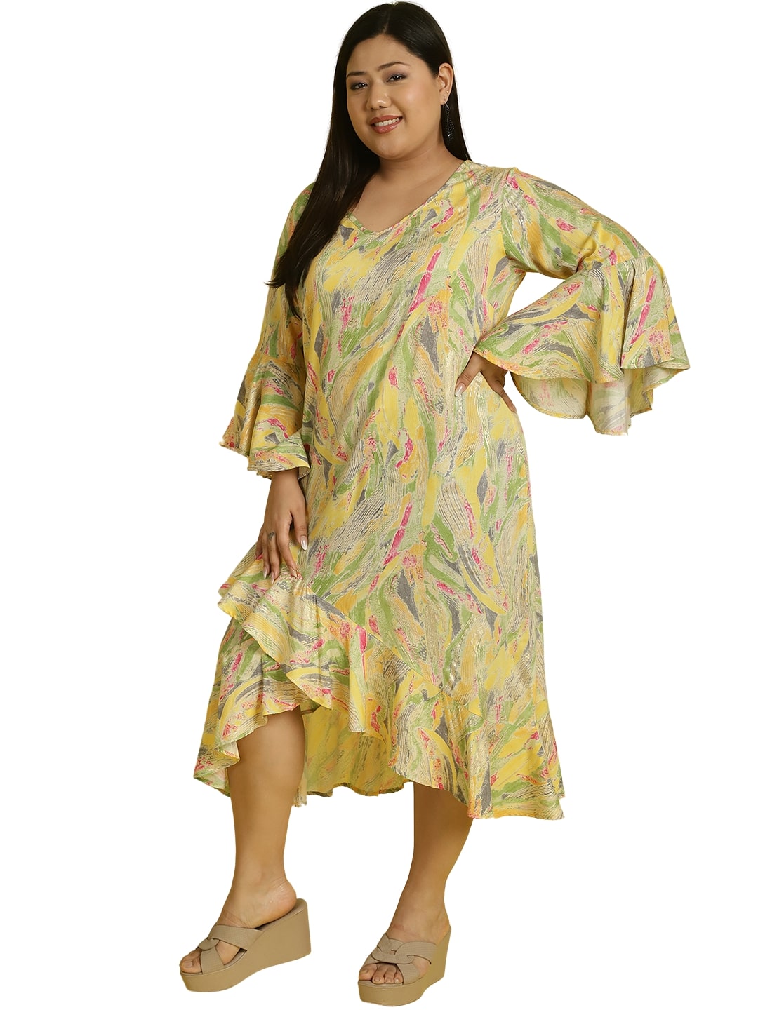 Women Bell Sleeve Ruffled A-Line Midi Dress