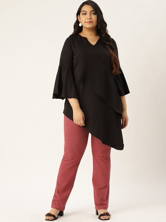 Plus Size Women's Black Solid Color Longline Layered Top