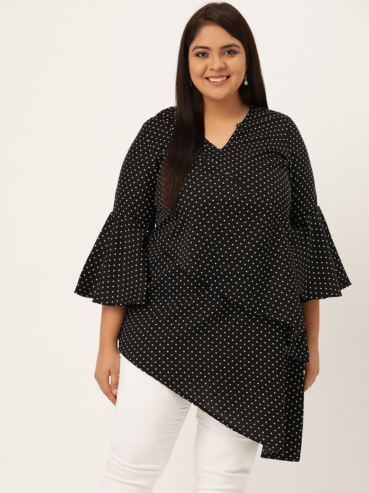 Plus Size Women's Black & White Polka Dot Printed Longline Layered Top