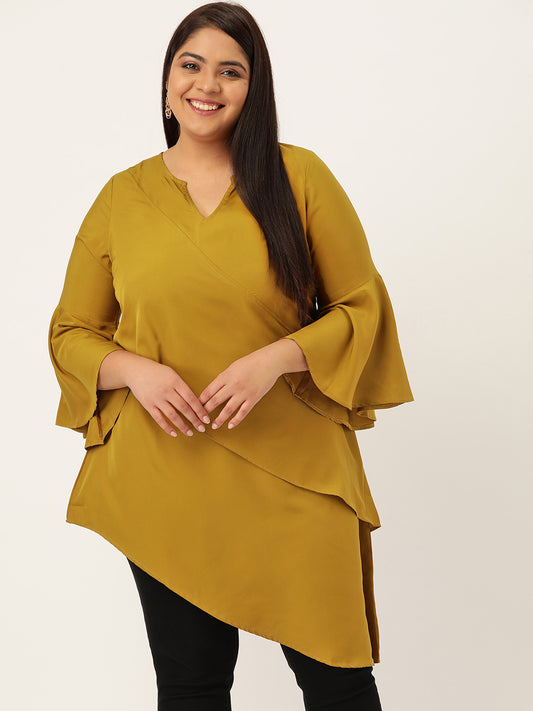 Plus Size Women's Mustard Solid Color Longline Layered Top