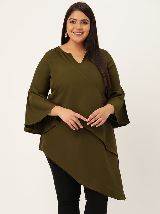Plus Size Women's Olive Solid Color Longline Layered Top