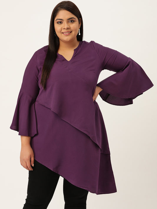 Plus Size Women's Purple Solid Color Longline Layered Top