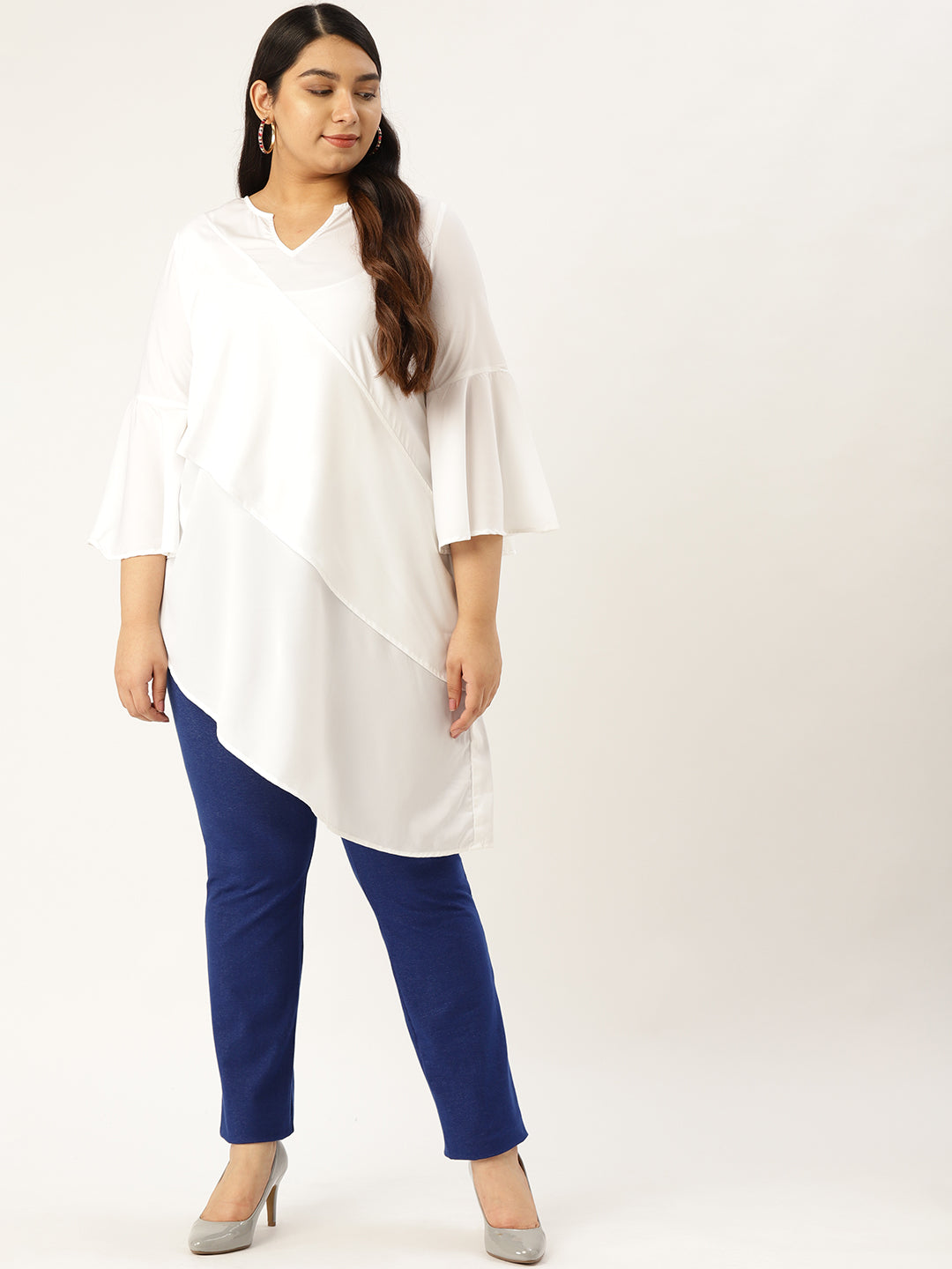 Plus Size Women's White Solid Color Longline Layered Top