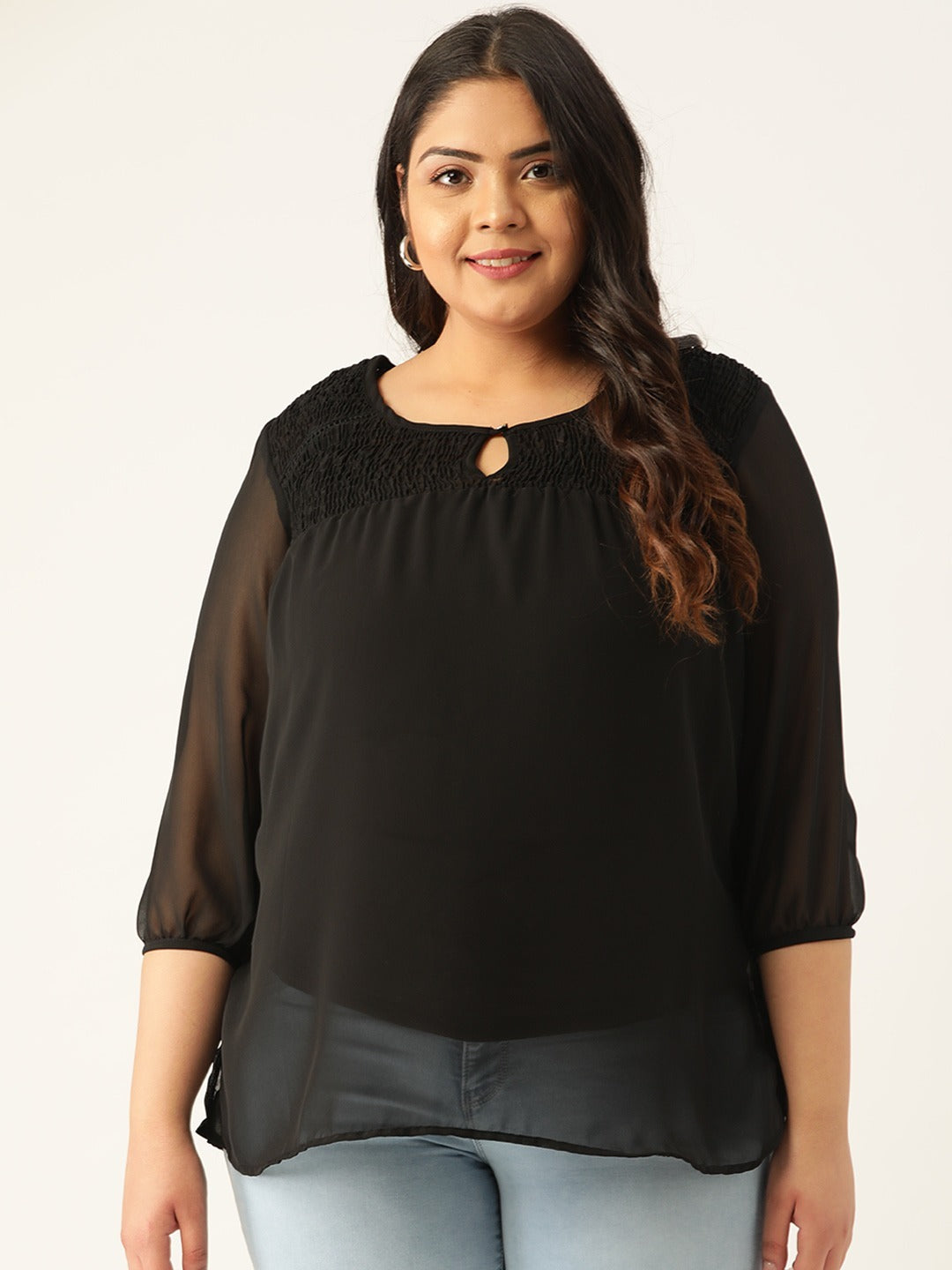 Plus Size Women's Georgette Smocked Top with Curved Hem